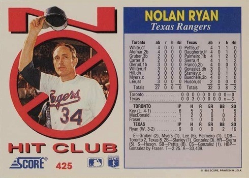1992 Score #425 Nolan Ryan No Hit Club Baseball Card Reverse With Statistics 1992 Score #425 Nolan Ryan No Hit Club Baseball Card Reverse With Statistics