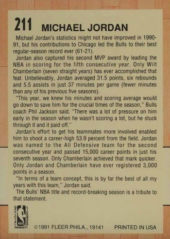 1991 Fleer #211 Michael Jordan All-Star Basketball Card Reverse Side 1991 Fleer #211 Michael Jordan All-Star Basketball Card Reverse Side