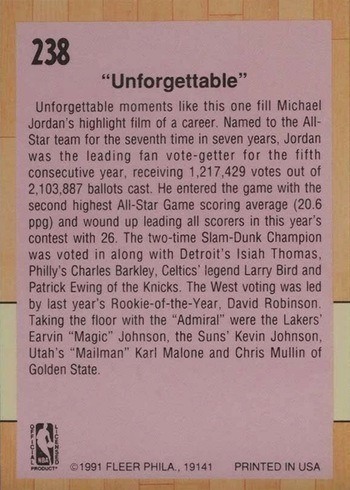 1991 Fleer #238 NBA All-Star Game Basketball Card Reverse Side 1991 Fleer #238 NBA All-Star Game Basketball Card Reverse Side