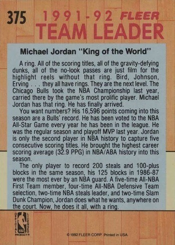 1991 Fleer #375 Michael Jordan Team Leader Basketball Card Reverse Side 1991 Fleer #375 Michael Jordan Team Leader Basketball Card Reverse Side