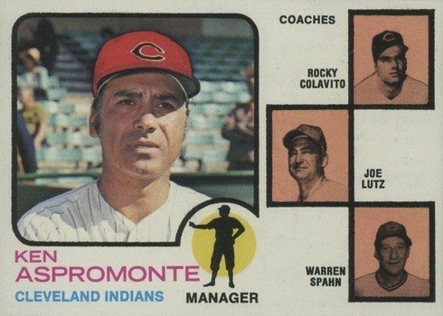1973 Topps #449 Indians Manager Coaches Baseball Card (Spahn's Ears Pointed Variation)