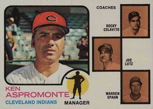 1973 Topps #449 Indians Manager Coaches Baseball Card (Spahn's Ears Rounded Variation)
