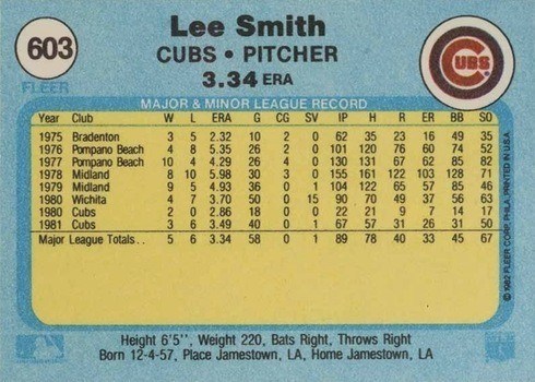 1982 Fleer #603 Lee Smith Rookie Card Reverse Side With Correct Team Logo