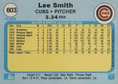 1982 Fleer #603 Lee Smith Rookie Card Rverse Side With Incorrect Team Logo