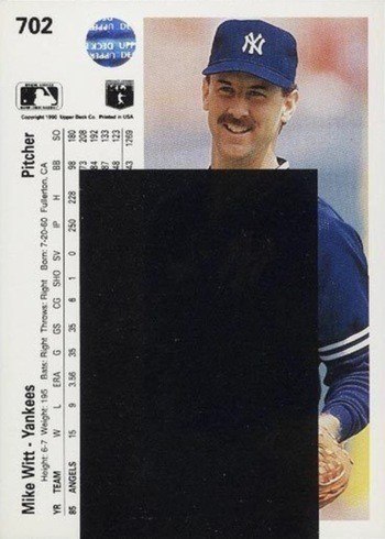 1990 Upper Deck #702 Mike Witt Black Box Error Baseball Card Reverse Side