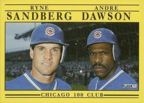 1991 Fleer #713 Chicago 100 Club Sandberg and Dawson Baseball Card 1991 Fleer #713 Chicago 100 Club Sandberg and Dawson Baseball Card