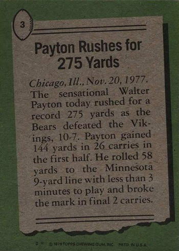 1978 Topps #3 Walter Payton Highlights Football Card Reverse Side