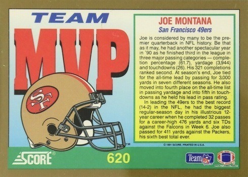 1991 Score #620 Joe Montana Team MVP Football Card Reverse Side