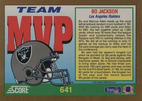1991 Score #641 Bo Jackson Team MVP Football Card Reverse Side