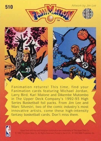 1992 Upper Deck #510 Michael Jordan and Larry Bird Fanimation Basketball Card Reverse Side