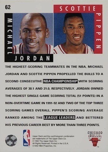 1992 Upper Deck #62 Michael Jordan and Scottie Pippen Scoring Threats Card