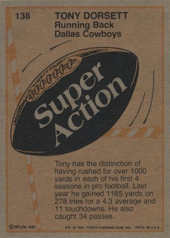 1981 Topps #138 Tony Dorsett Super Action Football Card Reverse Side