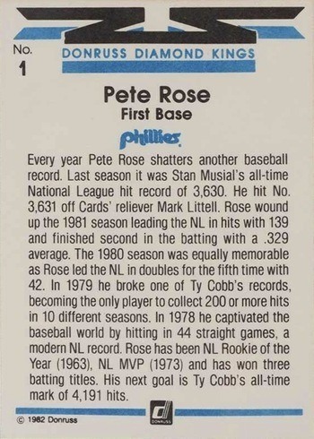 1982 Donruss #1 Pete Rose Diamond Kings Baseball Card Reverse Side