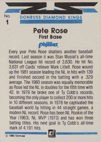 1982 Donruss #1 Pete Rose Diamond Kings Baseball Card Reverse Side 1982 Donruss #1 Pete Rose Diamond Kings Baseball Card Reverse Side