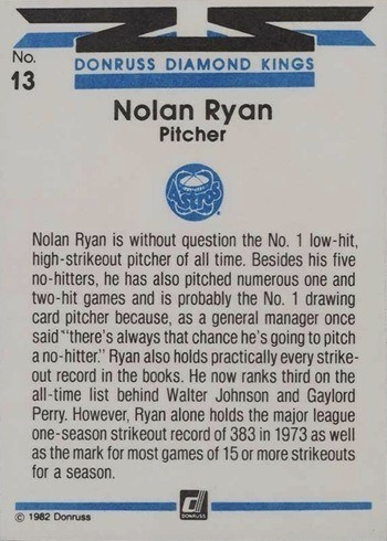 1982 Donruss #13 Nolan Ryan Diamond Kings Baseball Card Reverse Side