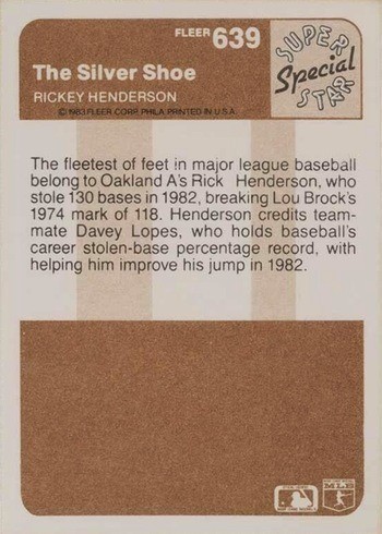 1983 Fleer #639 Rickey Henderson Super Star Special Baseball Card Reverse Side