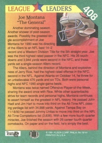 1991 Fleer #408 Joe Montana League Leaders Football Card Reverse Side