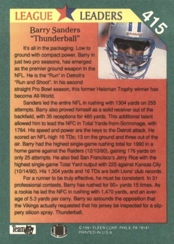 1991 Fleer #415 Barry Sanders League Leaders Football Card Reverse Side