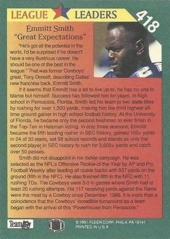 1991 Fleer #418 Emmitt Smith League Leaders Football Card Reverse Side 1991 Fleer #418 Emmitt Smith League Leaders Football Card Reverse Side