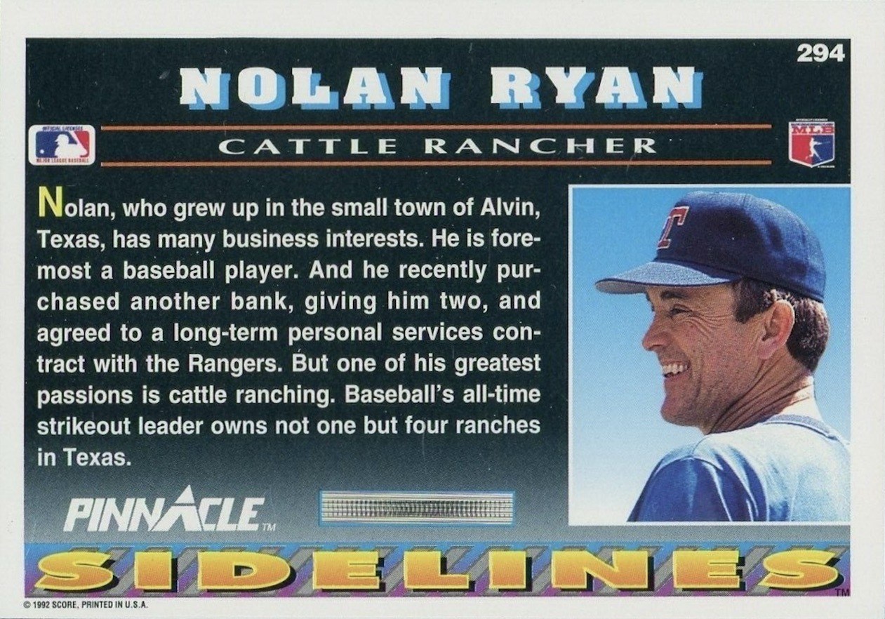 1992 Pinnacle #294 Nolan Ryan Sidelines Baseball Card Reverse Side