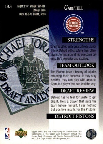 1994 Upper Deck #183 Grant Hill Rookie Card Michael Jordan Draft Analysis Reverse Side