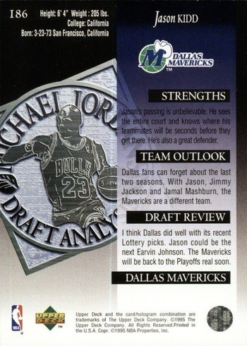 1994 Upper Deck #186 Jason Kidd Rookie Card Michael Jordan Draft Analysis Reverse Side