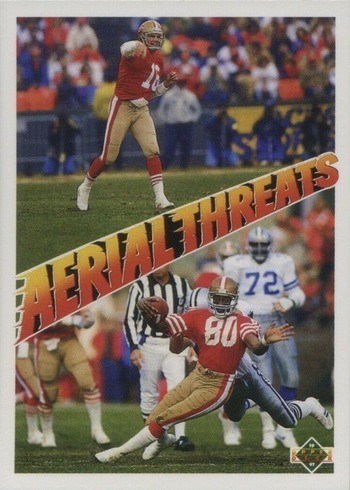 1991 Upper Deck #35 Montana and Rice Aerial Threats Football Card 1991 Upper Deck #35 Montana and Rice Aerial Threats Football Card