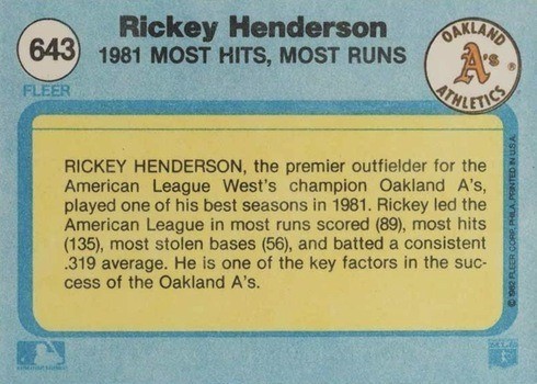 1982 Fleer #643 Rickey Henderson Most Hits and Runs Baseball Card Revers Side