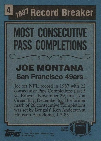 1988 Topps #4 Joe Montana Record Breaker Football Card Reverse Side