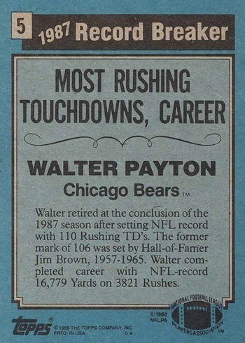 1988 Topps #5 Walter Payton Record Breaker Football Card Reverse Side