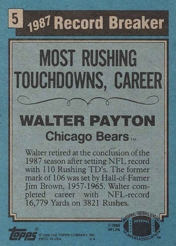 1988 Topps #5 Walter Payton Record Breaker Football Card Reverse Side 1988 Topps #5 Walter Payton Record Breaker Football Card Reverse Side