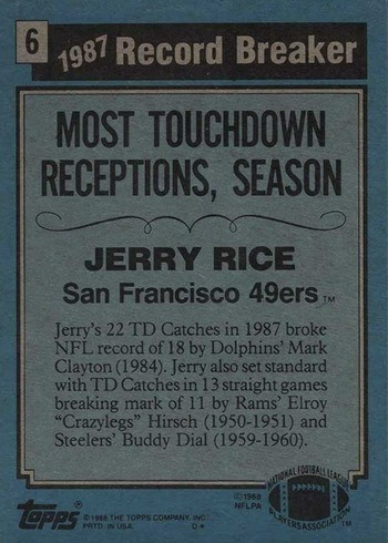 1988 Topps #6 Jerry Rice Record Breaker Football Card Reverse Side 1988 Topps #6 Jerry Rice Record Breaker Football Card Reverse Side