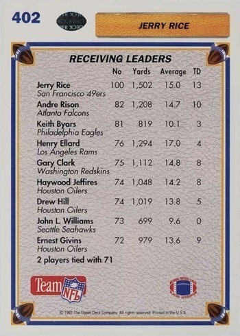 1991 Upper Deck #402 Jerry Rice Season Leaders Football Card Reverse Side