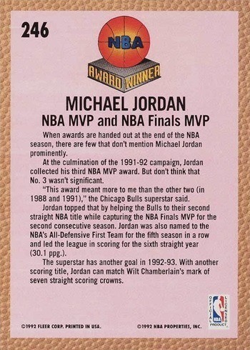 1992 Fleer #246 Michael Jordan NBA Award Winner Basketball Card Reverse Side