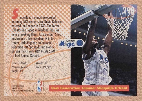 1992 Fleer #298 Shaquille O'Neal Slam Dunk Basketball Card Reverse Side