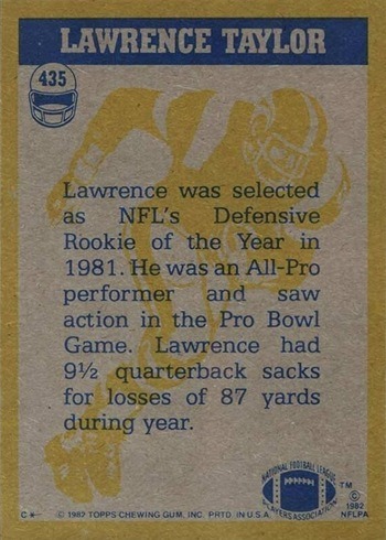 1982 Topps #435 Lawrence Taylor In Action Football Card Reverse Side
