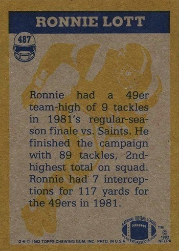 1982 Topps #487 Ronnie Lott In Action Football Card Reverse Side 1982 Topps #487 Ronnie Lott In Action Football Card Reverse Side