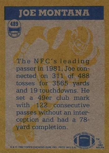 1982 Topps #489 Joe Montana In Action Football Card Reverse Side