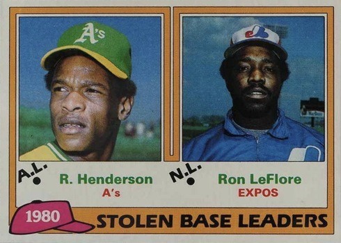 1981 Topps #4 Stolen Base Leaders Ron LeFlore and Rickey Henderson Baseball Card 1981 Topps #4 Stolen Base Leaders Ron LeFlore and Rickey Henderson Baseball Card