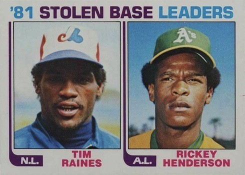 1982 Topps #164 Stolen Base Leaders Tim Raines and Rickey Henderson Baseball Card 1982 Topps #164 Stolen Base Leaders Tim Raines and Rickey Henderson Baseball Card