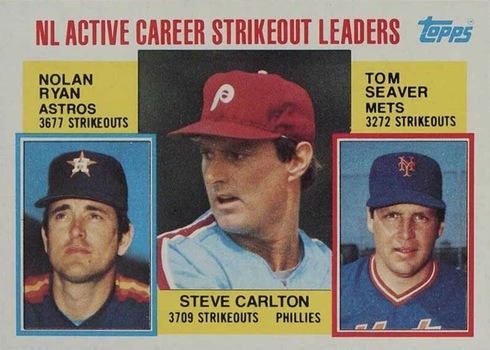 1984 Topps #707 Nolan Ryan, Steve Carlton and Tom Seaver NL Active Strikeout Leaders Baseball Card