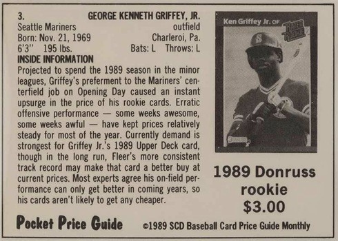 1989 SCD Baseball Pocket Price Guides #3 Ken Griffey Jr. Rookie Card Reverse Side 1989 SCD Baseball Pocket Price Guides #3 Ken Griffey Jr. Rookie Card Reverse Side