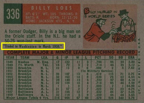 1959 Topps #336 Billy Loes Baseball Card Reverse Side With Trade Statement