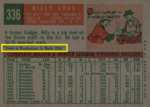 1959 Topps #336 Billy Loes Baseball Card Reverse Side With Trade Statement 1959 Topps #336 Billy Loes Baseball Card Reverse Side With Trade Statement