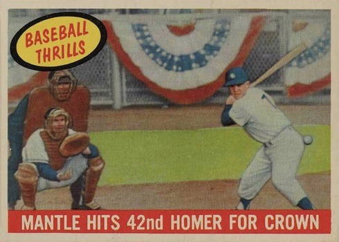 1959 Topps #461 Mickey Mantle Hits 42nd Homer For Crown Baseball Card 1959 Topps #461 Mickey Mantle Hits 42nd Homer For Crown Baseball Card