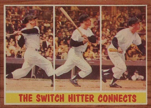 1962 Topps #318 Mickey Mantle The Switch Hitter Connects Baseball Card