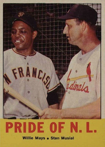1963 Topps #138 Willie Mays and Stan Musial Pride of National League Baseball Card 1963 Topps #138 Willie Mays and Stan Musial Pride of National League Baseball Card
