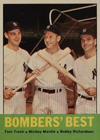 1963 Topps #173 Tom Tresh, Mickey Mantle and Bobby Richardson Bombers' Best Baseball Card 1963 Topps #173 Tom Tresh, Mickey Mantle and Bobby Richardson Bombers' Best Baseball Card