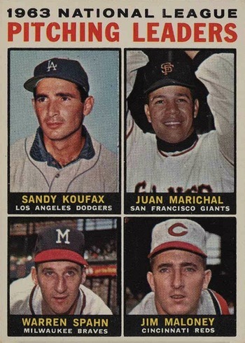 1964 Topps #3 Sandy Koufax, Juan Marichal, Warren Spahn and Jim Maloney NL Pitching Leaders Baseball Card 1964 Topps #3 Sandy Koufax, Juan Marichal, Warren Spahn and Jim Maloney NL Pitching Leaders Baseball Card