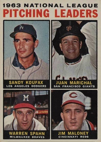 1964 Topps #3 Sandy Koufax, Juan Marichal, Warren Spahn and Jim Maloney NL Pitching Leaders Baseball Card